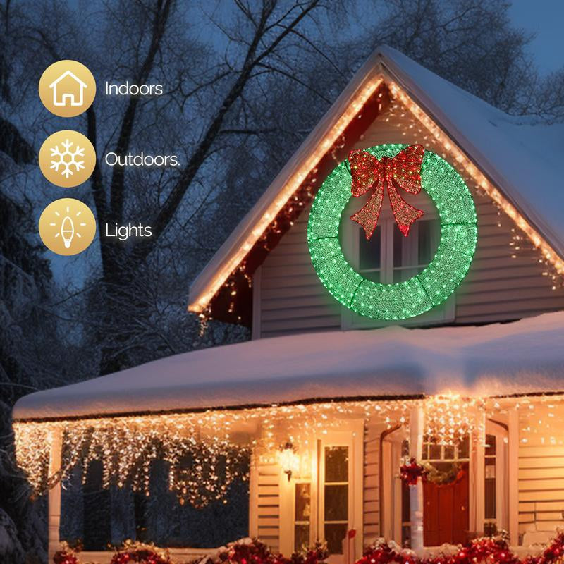 60 " Pre-Lit Outdoor Christmas Wreath with 400 Warm White LEDs & Remote - Green with Red Bow