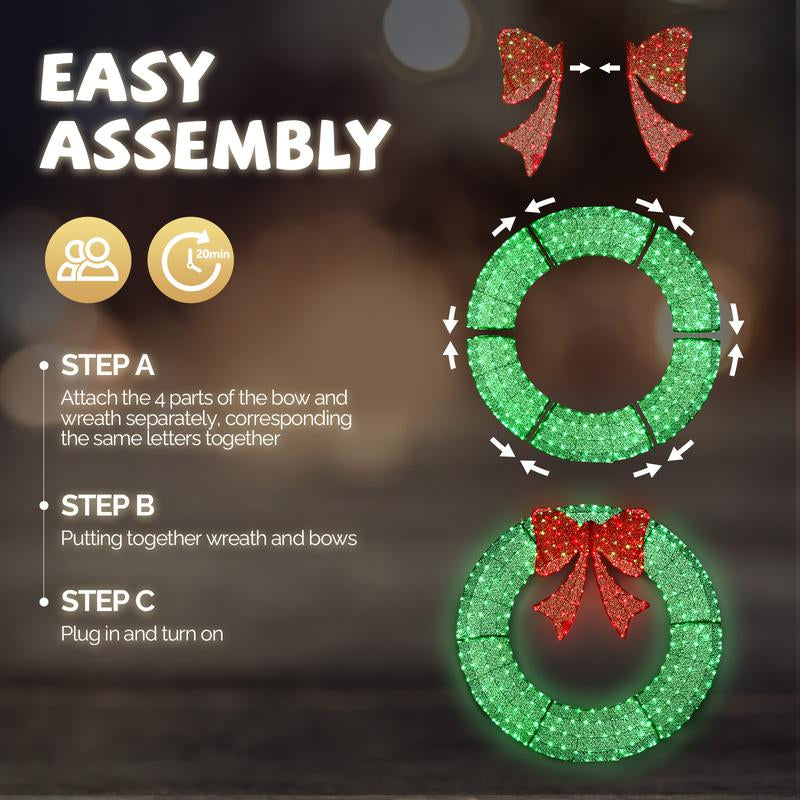 60 " Pre-Lit Outdoor Christmas Wreath with 400 Warm White LEDs & Remote - Green with Red Bow