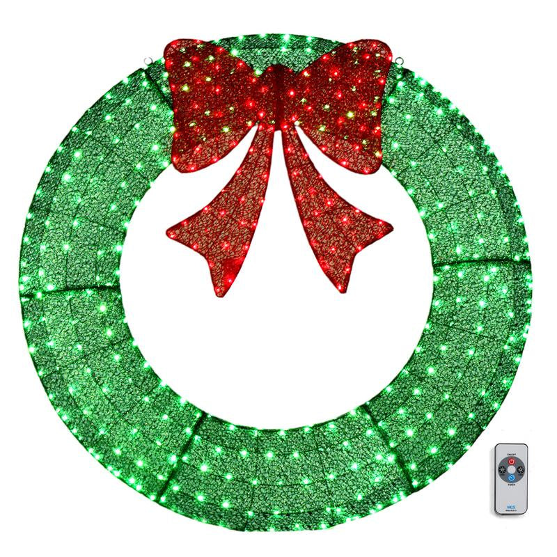 60 " Pre-Lit Outdoor Christmas Wreath with 400 Warm White LEDs & Remote - Green with Red Bow