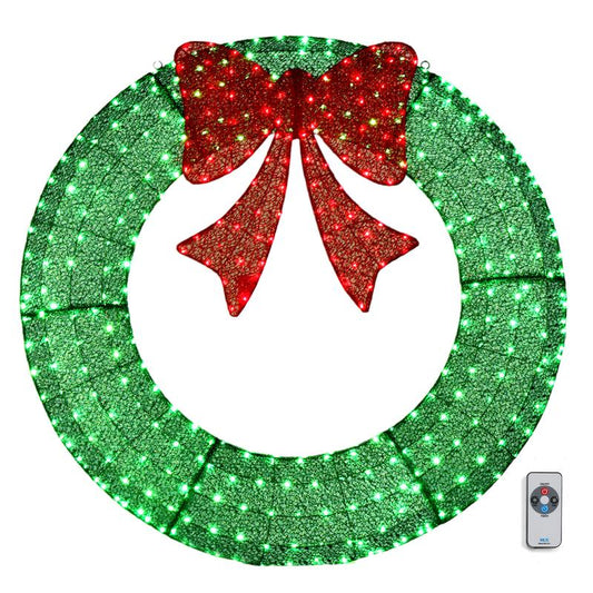 60 " Pre-Lit Outdoor Christmas Wreath with 400 Warm White LEDs & Remote - Green with Red Bow